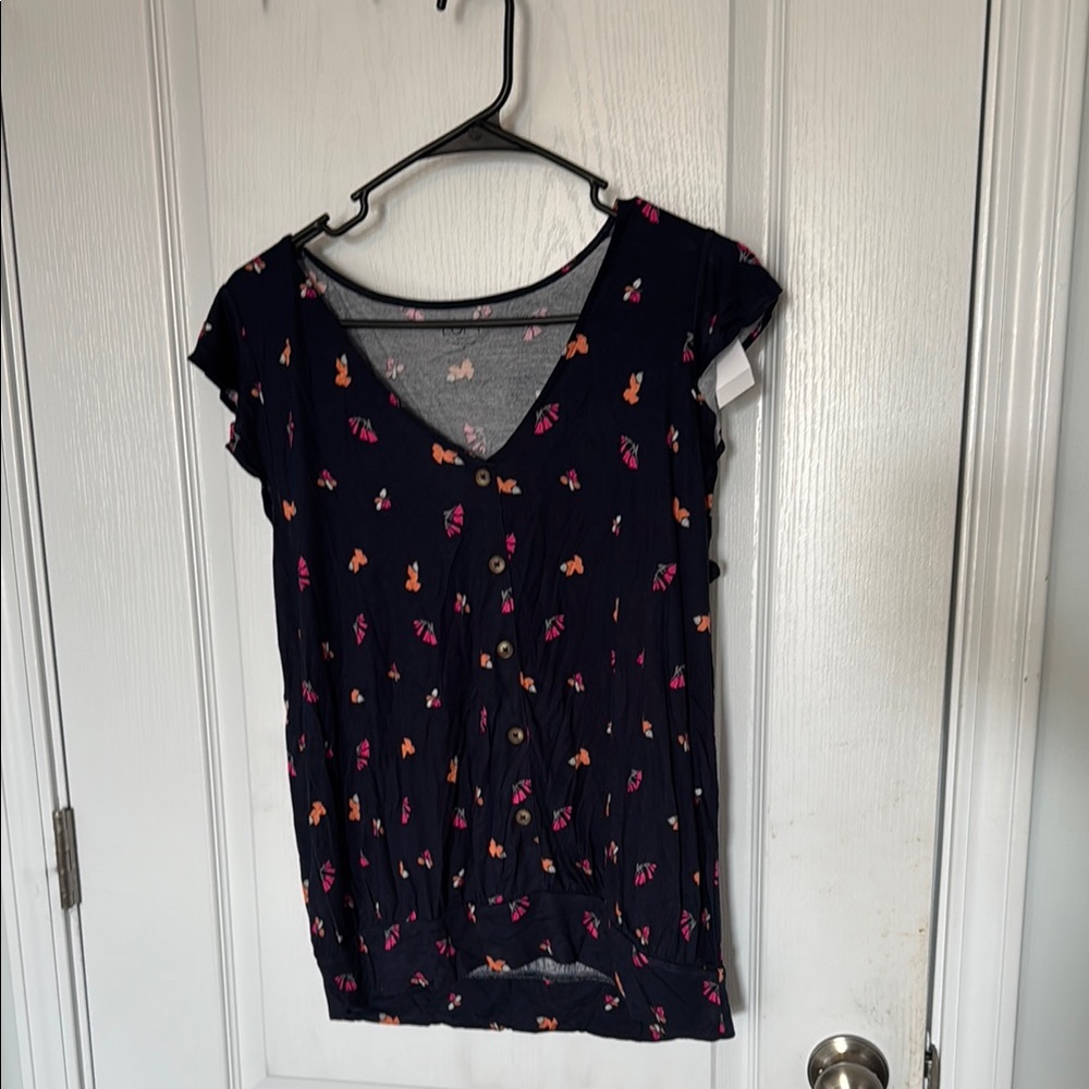 Floral V-Neck Women's Top - Navy and Pink